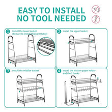 Load image into Gallery viewer, Spice Rack Organizer for Cabinet Countertop, 3-Tier Spice Organizer with Paper Towel Holder & 3 Hooks, Stainless Steel Storage Shelf with Guardrail for Kitchen Counter Bathroom Office