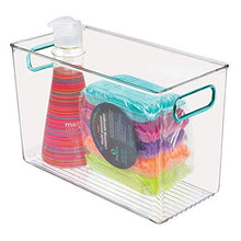 Load image into Gallery viewer, mDesign Plastic Food Storage Container Bin with Handles - for Kitchen, Pantry, Cabinet, Fridge/Freezer - Organizer for Snacks, Produce, Vegetables, Pasta - BPA Free, Food Safe - 4 Pack - Clear/Blue