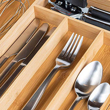 Load image into Gallery viewer, Expandable Bamboo Drawer Organizer - Large Silverware Organizer For Kitchen Organization - Strong And Durable Bamboo Expandable Drawer Organizer - 6-8 Compartments Utensil Drawer Organizers