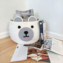 Load image into Gallery viewer, CosiePod Round Cotton Rope Basket with Cute Bear Design, Baby Nursery Decor, Nursery Laundry Basket, Baby Hamper, Baby Diaper Organizer, Cat Dog Toy Baskets, Baby Gift Basket | 12”D x 9.8”H