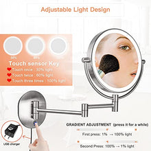 Load image into Gallery viewer, Pansonite LED Wall Mount Makeup Mirror with 10x Magnification, 8.5'' Double Sided 360° Swivel Vanity Mirror with 13.7" Extension and Adjustable Light for Bathroom & Bedroom, Brushed Finished