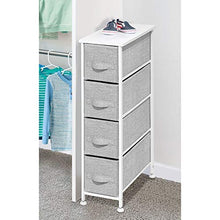 Load image into Gallery viewer, mDesign Narrow Vertical Dresser Storage Tower - Sturdy Metal Frame, Wood Top, Easy Pull Fabric Bins - Organizer Unit for Bedroom, Hallway, Entryway, Closet - Textured Print, 4 Drawers - Gray/White