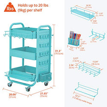 Load image into Gallery viewer, DESIGNA 3-Tier Utility Storage Rolling Cart with Removable Pegboard & Extra Storage Baskets Hooks, Metal Craft Art Carts for Gift Home Office, Teal
