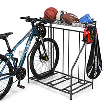 Load image into Gallery viewer, Bike Rack, 3 Bike Stand Rack, with Baskets Storage and 6 Hooks, Bicycle Floor Parking Stands, Bike Storage Stand, Bike Rack Garage, Free Standing Bike Rack, Indoor Outdoor Sports Storage Station
