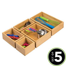 Load image into Gallery viewer, mDesign Bamboo Kitchen Cabinet Drawer Organizer Stackable Tray Bin - Eco-Friendly, Multipurpose - Use in Drawers, on Countertops, Shelves or in Pantry - Varied Sizes, Set of 5- Natural Wood Finish