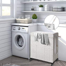 Load image into Gallery viewer, Greenstell Laundry Hamper with Wheels & 2 Removable Liner Bags, Divided Handwoven Hampers, Synthetic Rattan Clothes Laundry Basket with Lid & Handles, Foldable & Easy to Install White 22x12x26.4 in