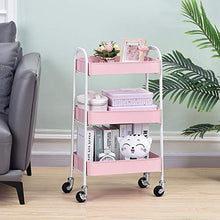Load image into Gallery viewer, TOOLF 3 Tier Rolling Cart, No Screw Metal Utility Cart, Easy Assemble Utility Serving Cart, Sturdy Storage Trolley with Handles, Locking Wheels, for Classroom Office Home Bedroom Bathroom, Pink
