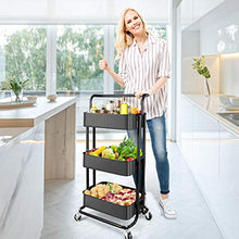 Load image into Gallery viewer, Homchwell 3 Tier Metal Utility Rolling Cart with Lockable Wheels, Multifunction Movable Storage Shelves Organizer Cart with Handle and Mesh Basket for Kitchen, Coffee Bar,Bathroom, Office