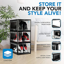 Load image into Gallery viewer, YOUR KIX Drop Front Shoe Box, Black Stackable,1 Case Sold Individually, Stylish Display Case for Men and Women, Magnetic, Large Clear Plastic Shoes, Storage Boxes for Sneaker or Favorite Kicks, Shoe Organizer, XL, Shoe Containers for any Space.
