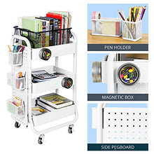 Load image into Gallery viewer, DESIGNA 3-Tier Rolling Cart, Utility Cart with Handle, Extra 3 Storage Accessories, Removable Pegboard, Easy Assembly Craft Carts for Kitchen, Bathroom, Office, Metal, White