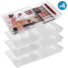 Load image into Gallery viewer, Oubonun Expandable Drawer Organizer 11.1” to 19.2” Width, Shallow Cosmetic Organizer 1.3” Height, 4 Packs, Clear Plastic Storage Trays with 7 Compartments for Dressing Table, Bathroom, and Office Desk