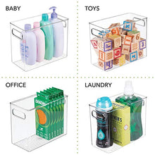 Load image into Gallery viewer, mDesign Slim Plastic Storage Container Bin with Handles - Bathroom Cabinet Organizer for Toiletries, Makeup, Shampoo, Conditioner, Face Scrubbers, Loofahs, Bath Salts - 5" Wide, 4 Pack - Clear