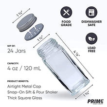 Load image into Gallery viewer, Prime Home Direct Spice Jars Set - 24 Spice Organizer with 792 labels - 4 oz Spice Containers with Shaker Lids and Airtight Metal Caps - Conversion Chart Magnet and Funnel Included
