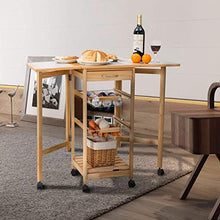 Load image into Gallery viewer, Henf Portable Rolling Drop Leaf Kitchen Storage Trolley Cart Island White Tile Top Folding Trolley Table with 1 Wood Drawer & 2 Steel Baskets Sapele Color