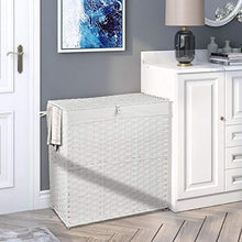 Load image into Gallery viewer, Greenstell Laundry Hamper with Wheels & 2 Removable Liner Bags, Divided Handwoven Hampers, Synthetic Rattan Clothes Laundry Basket with Lid & Handles, Foldable & Easy to Install White 22x12x26.4 in