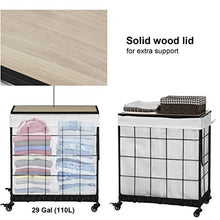 Load image into Gallery viewer, Laundry Hamper with Wood Lid and Divided Liner Bag;Durable Laundry Basket with Heavy Duty Rolling Lockable Wheels; Laundry Sorter with Removable Liner Bag (White)