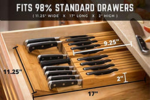 Load image into Gallery viewer, In-Drawer Bamboo Knife Block Holds 16 Knives (Not Included) Without Pointing Up PLUS a Slot for your Knife Sharpener! Noble home & chef Knife Organizer Made from Quality Moso Bamboo