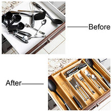 Load image into Gallery viewer, Expandable Bamboo Drawer Organizer - Large Silverware Organizer For Kitchen Organization - Strong And Durable Bamboo Expandable Drawer Organizer - 6-8 Compartments Utensil Drawer Organizers