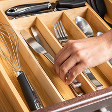 Load image into Gallery viewer, Expandable Bamboo Drawer Organizer - Large Silverware Organizer For Kitchen Organization - Strong And Durable Bamboo Expandable Drawer Organizer - 6-8 Compartments Utensil Drawer Organizers