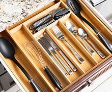 Load image into Gallery viewer, Expandable Bamboo Drawer Organizer - Large Silverware Organizer For Kitchen Organization - Strong And Durable Bamboo Expandable Drawer Organizer - 6-8 Compartments Utensil Drawer Organizers