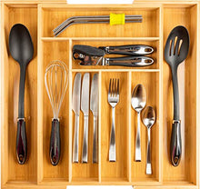Load image into Gallery viewer, Expandable Bamboo Drawer Organizer - Large Silverware Organizer For Kitchen Organization - Strong And Durable Bamboo Expandable Drawer Organizer - 6-8 Compartments Utensil Drawer Organizers