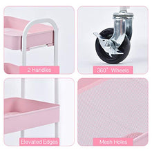 Load image into Gallery viewer, TOOLF 3 Tier Rolling Cart, No Screw Metal Utility Cart, Easy Assemble Utility Serving Cart, Sturdy Storage Trolley with Handles, Locking Wheels, for Classroom Office Home Bedroom Bathroom, Pink