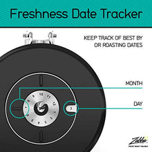 Load image into Gallery viewer, Coffee Gator Stainless Steel Coffee Grounds and Beans Container Canister with Date-Tracker, CO2-Release Valve and Measuring Scoop, Medium, Gray