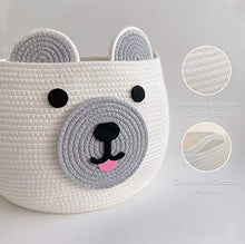 Load image into Gallery viewer, CosiePod Round Cotton Rope Basket with Cute Bear Design, Baby Nursery Decor, Nursery Laundry Basket, Baby Hamper, Baby Diaper Organizer, Cat Dog Toy Baskets, Baby Gift Basket | 12”D x 9.8”H