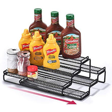 Load image into Gallery viewer, 3 Tier Expandable Spice Rack Organizer for Cabinet Pantry or Countertop (12.5 to 25"W) Kitchen Step Shelf with Protection Railing, Black