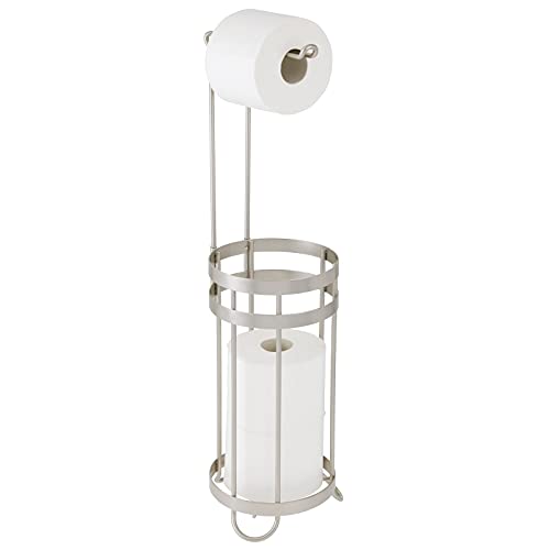 mDesign Metal Decorative Freestanding Toilet Paper Roll Holder Stand and Dispenser with Storage for 3 Extra Rolls of Reserve Toilet Tissue - for Bathroom Storage Organizing - Holds Mega Rolls - Satin