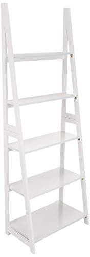 Amazon Basics Modern 5-Tier Ladder Bookshelf Organizer with Solid Rubber Wood Frame, White