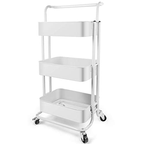 Homchwell 3 Tier Metal Utility Rolling Cart with Lockable Wheels, Multifunction Movable Storage Shelves Organizer Cart with Handle and Mesh Basket for Kitchen, Coffee Bar,Bathroom, Office