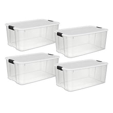 Load image into Gallery viewer, Sterilite 19909804 116 Quart/110 Liter Ultra Latch Box, Clear with a White Lid and Black Latches, 4-Pack
