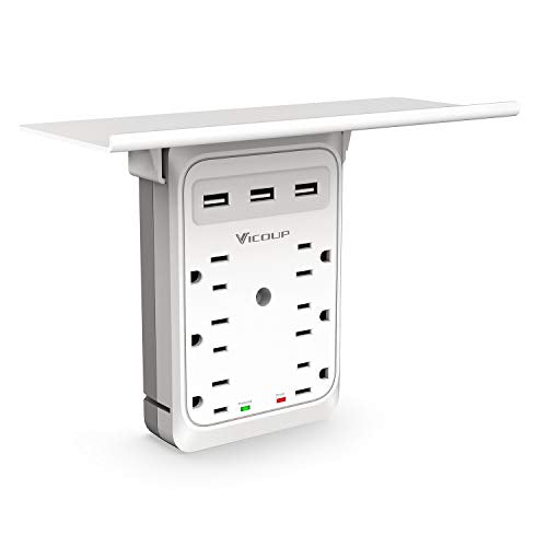 Socket Outlet Shelf, VICOUP 9 Port Multi Plug Wall Outlet Surge Protector 1080J with 3 USB Ports (3.4A Total), and Super Convenient Shelf for Cell Phone Placement - VI168