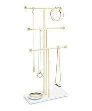 Load image into Gallery viewer, Umbra Trigem Hanging Jewelry Organizer Tiered Tabletop Countertop Free Standing Necklace Holder Display, 3, Brass/White
