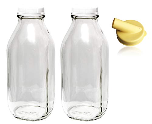 The Dairy Shoppe 1 Ltr. (33.8 oz.) Glass Milk Bottle Vintage Style with Cap & NEW Pour Spout! (2 Pack)
