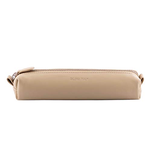 DiLoro Leather Zippered Fountain Ballpoint Rollerball Pens and Pencils Case Holder Pouch Genuine Full Grain Soft Nappa Leather (Beige)