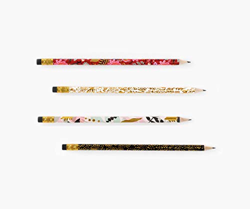 Rifle Paper Co. Modernist Assorted Writing Pencils, Set of 12 Wood and Graphite Pre-Sharpened Writing Pencils, Each Set Includes Three of Each Design with Black Erasers