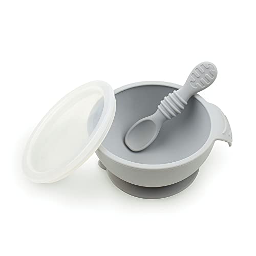 Bumkins Suction Silicone Baby Feeding Set, Bowl, Lid, Spoon, BPA-Free, First Feeding, Baby Led Weaning - Gray