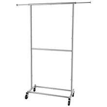 Load image into Gallery viewer, Simple Trending Double Rod Clothing Garment Rack, Rolling Clothes Organizer on Wheels for Hanging Clothes, Chrome
