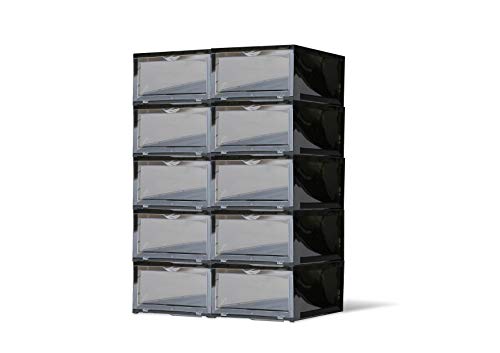 SneakNeat Sneaker Storage Container - 10-Piece Black Shoe Box Set with Drop Front - Store Up to Mens USA Size 13 Size - Stackable Organizer Stores, Protects, Displays Sneakers Collection