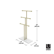 Load image into Gallery viewer, Umbra Trigem Hanging Jewelry Organizer Tiered Tabletop Countertop Free Standing Necklace Holder Display, 3, Brass/White
