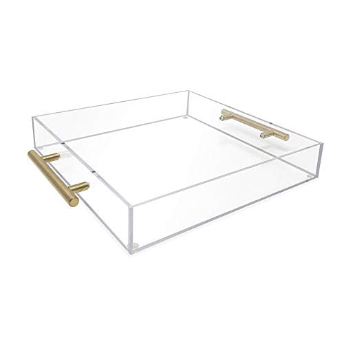 Isaac Jacobs Clear Acrylic Serving Tray (12x12) with Gold Metal Handles, Spill-Proof, Stackable Organizer, Food & Drinks Server, Indoors/Outdoors, Lucite Storage Décor (12x12, Clear with Gold Handle)