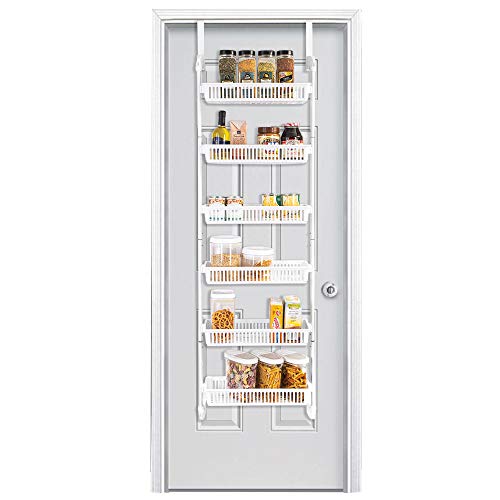 Smart Design Over The Door Pantry Organizer Rack w/ 6 Baskets - Steel & Resin Construction w/Hooks - Hanging - Cans, Spice, Storage, Closet - Kitchen (18.5 x 63.2 Inch) [White]