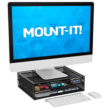 Load image into Gallery viewer, MOUNT-IT! Mesh Computer Monitor Stand Riser [Metal] Desk Organizer with Two Pullout Storage Drawers for Desktop, Laptop, and Printer Accessories and Office Supplies (Black)
