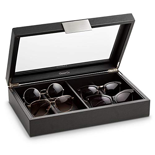 Glenor Co Sunglasses Organizer Case - 8 Slot Storage Holder to Display Sunglass/Eye Glasses - Modern Box with Clear Glass Top and Metal Buckle for Men and Women - Carbon Fiber Leather Design - Black