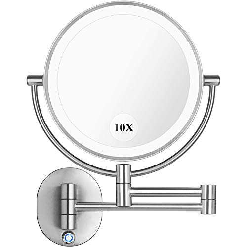 Pansonite LED Wall Mount Makeup Mirror with 10x Magnification, 8.5'' Double Sided 360° Swivel Vanity Mirror with 13.7