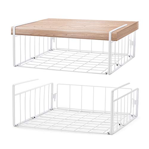 SimpleTrending Under Cabinet Organizer Shelf, 2 Pack Wire Rack Hanging Storage Baskets for Kitchen Pantry, White