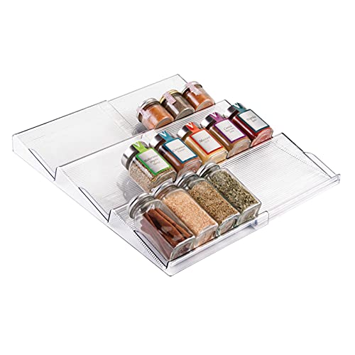 mDesign Adjustable, Expandable Plastic Spice Rack, Drawer Organizer for Kitchen Cabinet Drawers - 3 Slanted Tiers for Garlic, Salt, Pepper Spice Jars, Seasonings, Vitamins, Supplements - Clear