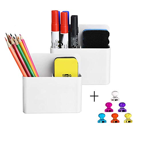 Magnetic Dry Erase Marker Holder, Pen and Eraser Holder for Whiteboard, Magnet Pencil Cup Utility Storage Organizer for Office, Refrigerator, Locker and Metal Cabinets (2 Pack)